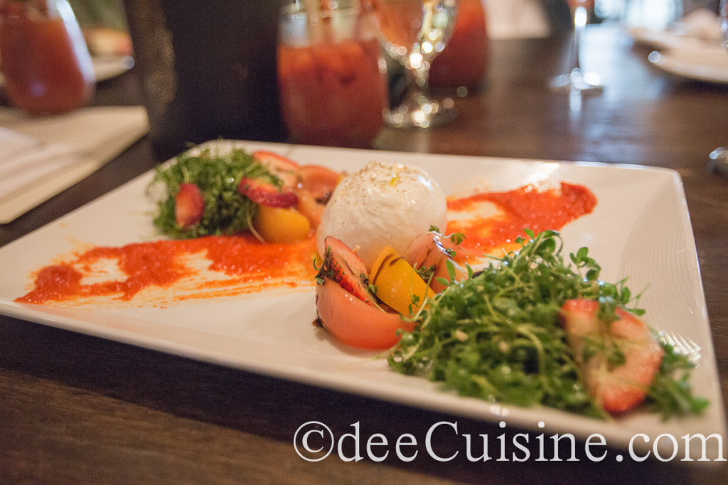 Heirloom Tomato and Strawberry Salad with Peppercress, Walnuts, and Burrata Cheese