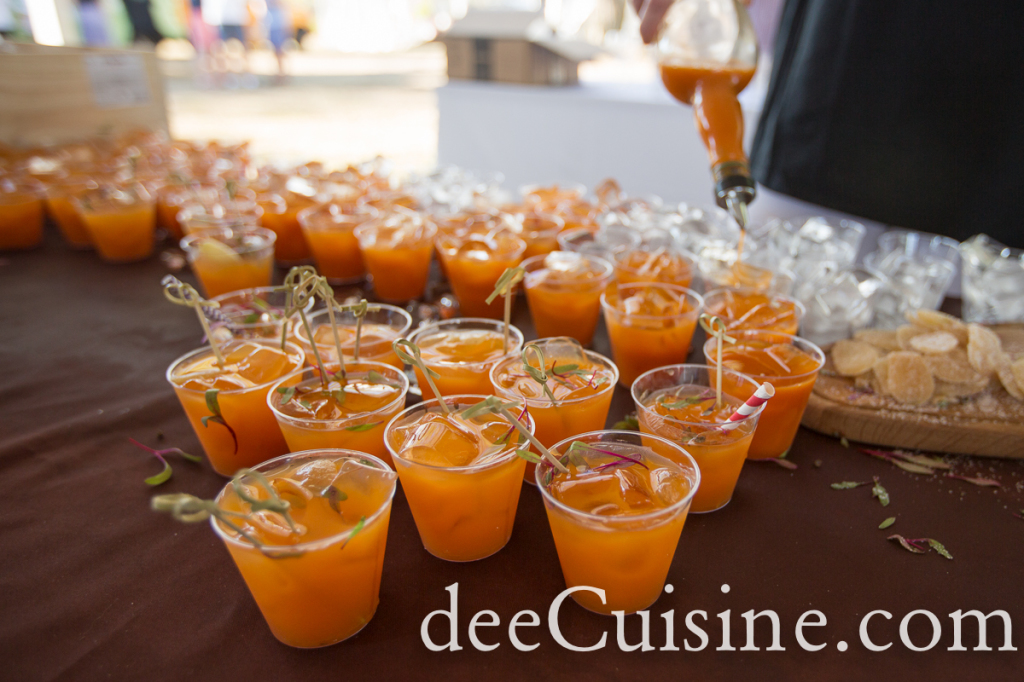 “24 Carat” cocktails made with bourbon, sherry, lemon juice, carrot-ginger syrup, and apple-Chinese bitters.