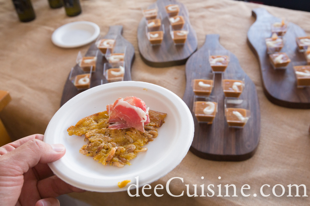Barcelona's Chickpea Pancake topped with Jamon Mangalica. In the background are shots of Gazpacho
