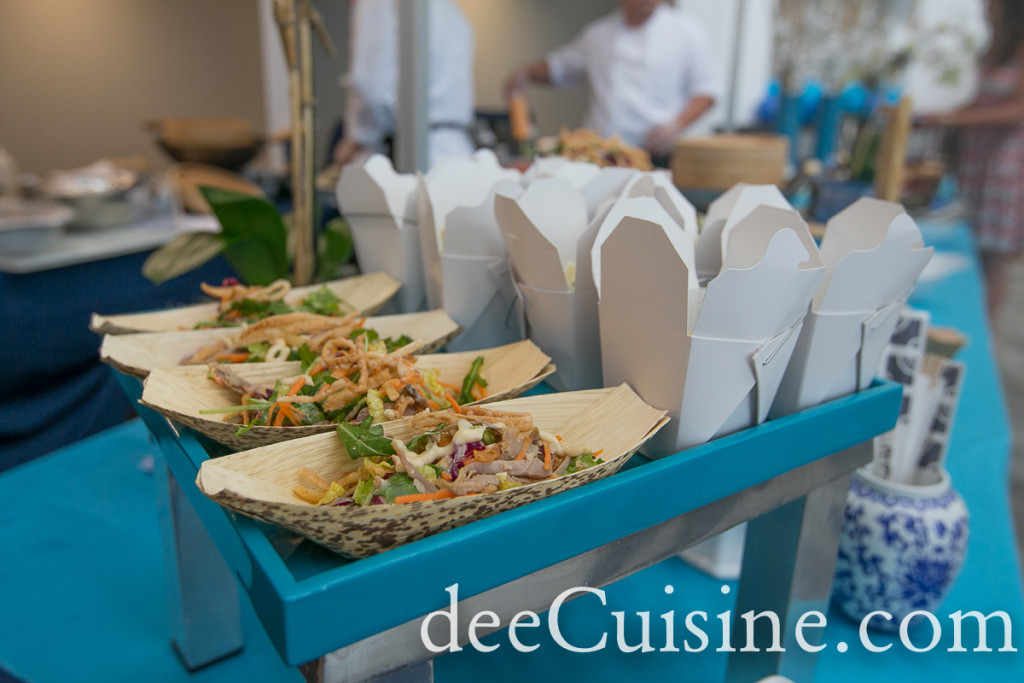 Cantonese Duck Salad with Urban Oak Slaw and Edamame dumplings in takeout containers
