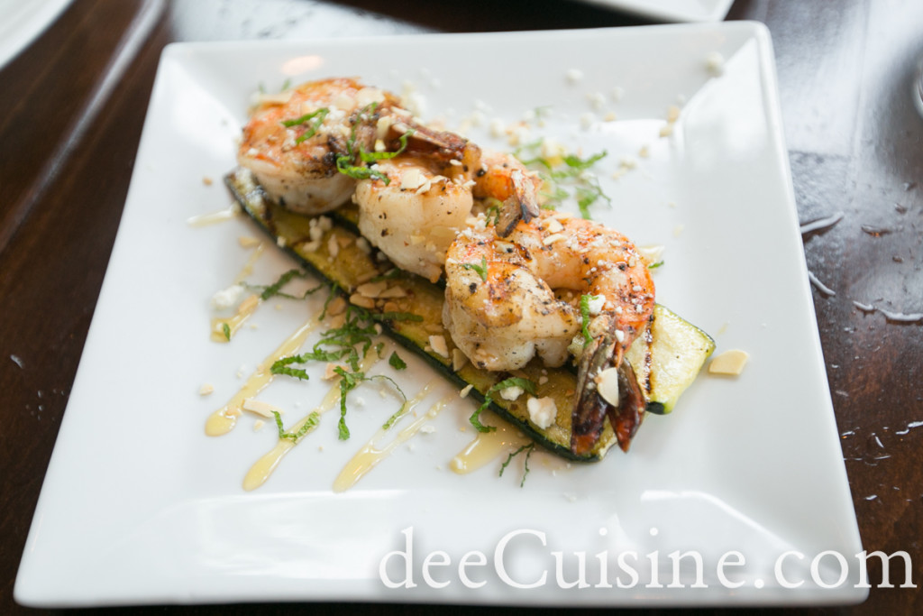 Grilled Mint Shrimp, Zucchini, Chestnut Honey, Feta, Toasted Almonds