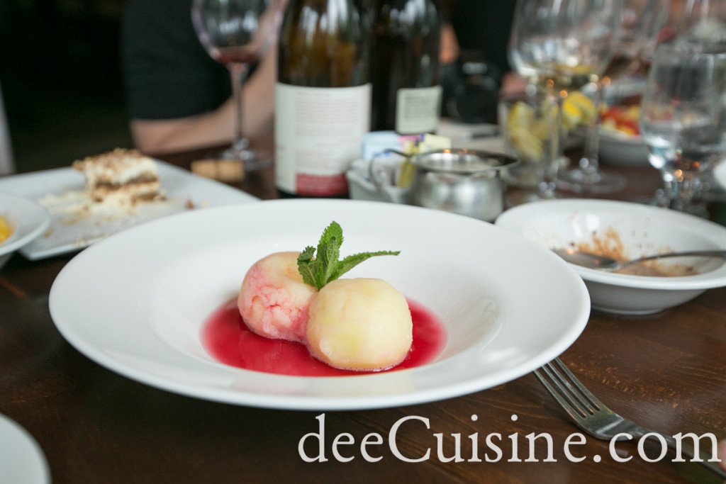 Yuzu sorbet with cherry syrup