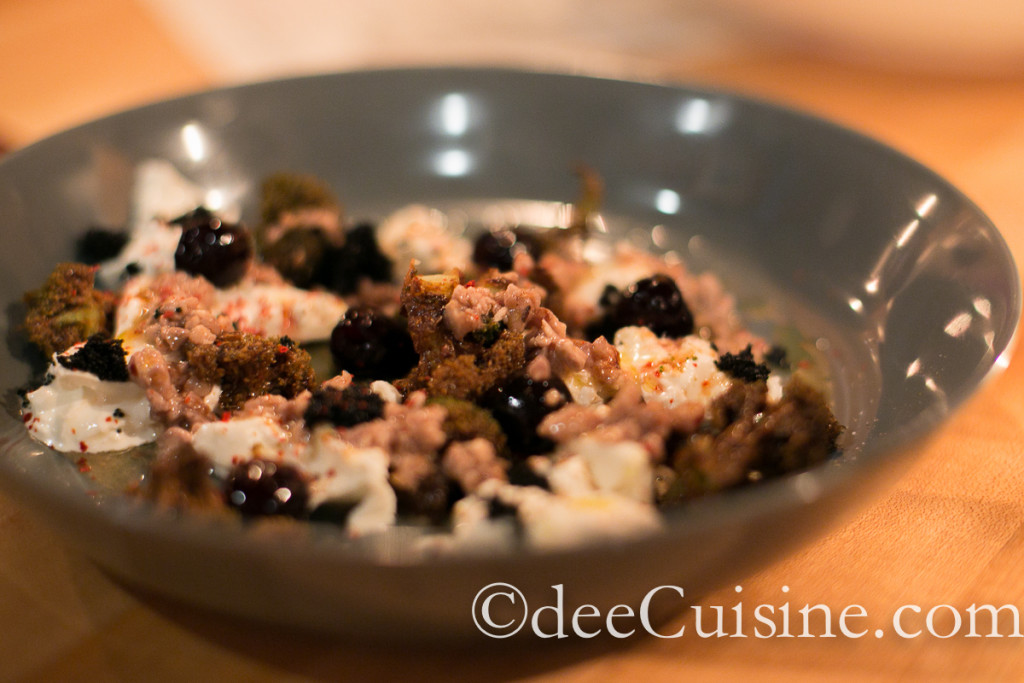 Burrata with brown butter & walnut vinaigrette, charred broccoli, cured cherries, tobiko