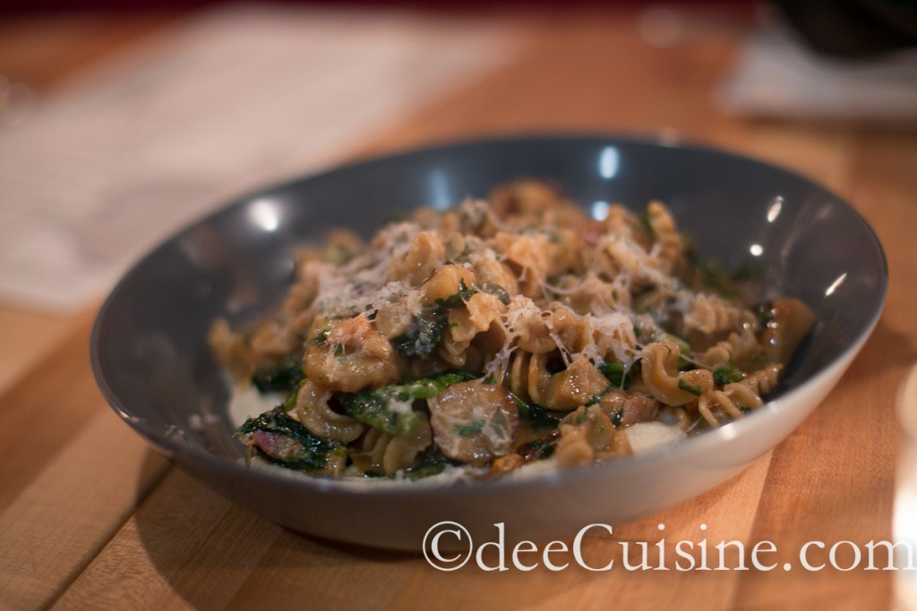 Farro radiatori, smoked pork belly, broccoli rabe, cacio, pepitas