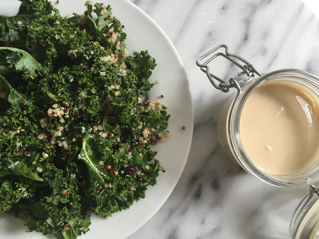 Kale Salad with Quinoa and Black Beans and Lemon Tahini Dressing