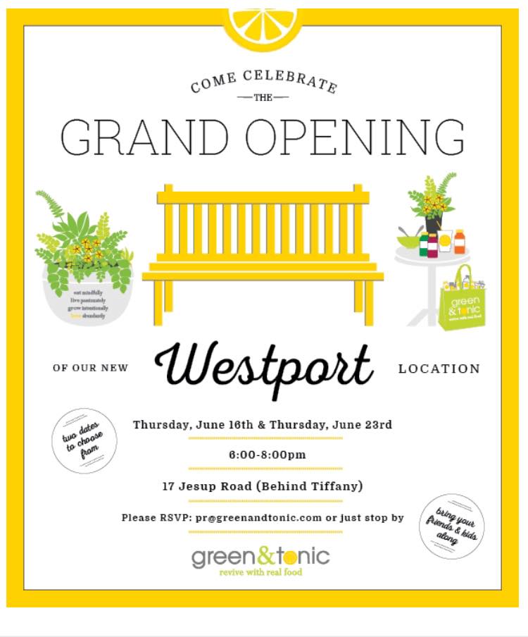 Green & Tonic's Westport location opens today!!! Stop by and see us at 17 Jesup Rd. (Behind Tiffany & Co. and the old Crumbs space). Our grand opening party is happening tomorrow, Thu, 6/16, from 6pm - 8pm. Enjoy samples of food, beverages and champagne too!