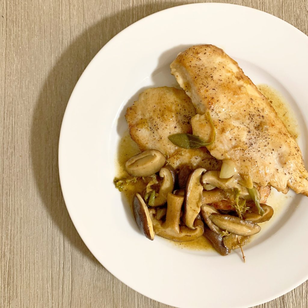 Chicken Breasts with Shiitake Mushrooms cooked with fresh herbs in white wine